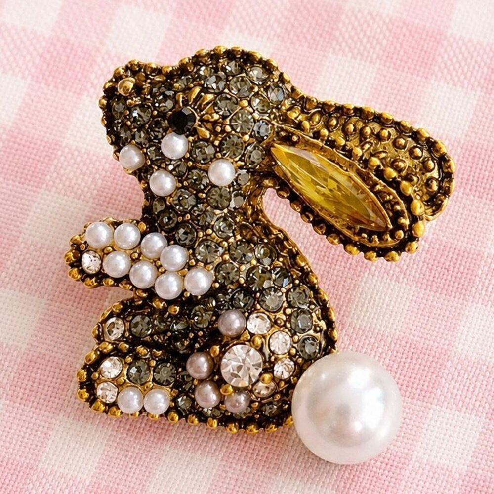 Bunny Brooch Pearl Tail Pavé Gold Tone Rabbit Pin